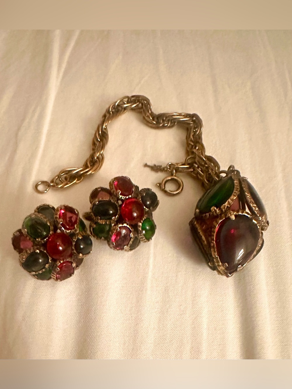 Vintage Crown Trifari Jewel-Tone Statement Bracelet & Clip Earrings Set